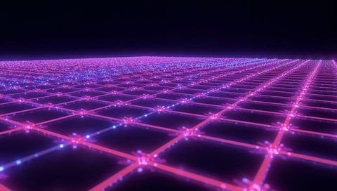 Receding Neon Grid Plane with Glowing Junction Nodes, Cyberpunk Retrofuture Background