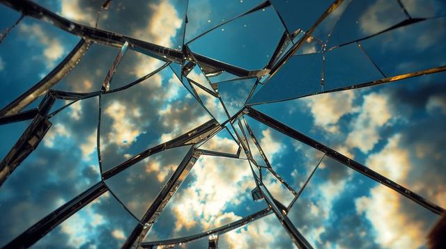 Glinting shattered mirror reflecting turquoise sky, golden clouds and angular metal strips