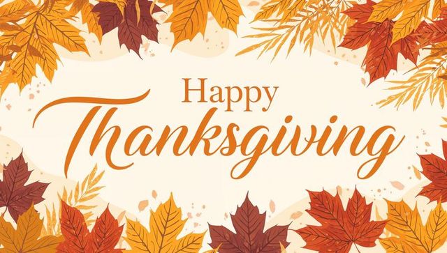 Happy thanksgiving handlettered script surrounded by autumn leaves and watercolor foliage