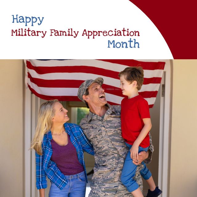 Square image of military family appreciation month text and picture of soldier with family. Military family appreciation month campaign.