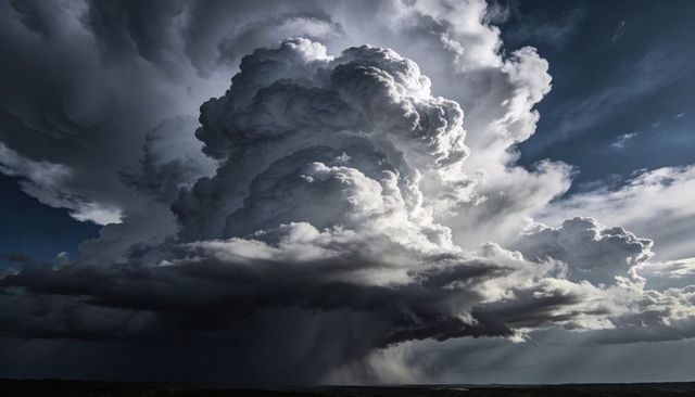 Dramatic towering cumulonimbus thunderstorm over plains with rain shaft and gust front