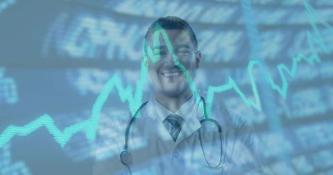 Smiling Doctor with Financial Graph Overlay Indicating Medical Progress