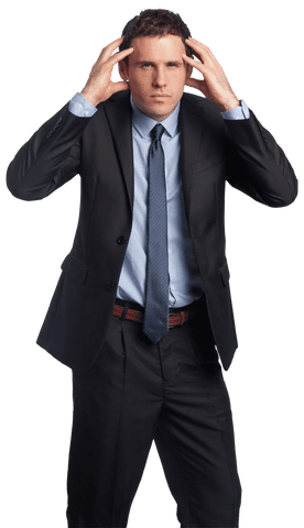 Stressed Businessman Holding Head in Frustration on Transparent