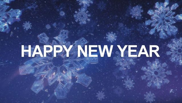 Crystal snowflake happy new year greeting banner with sparkling blue starry backdrop