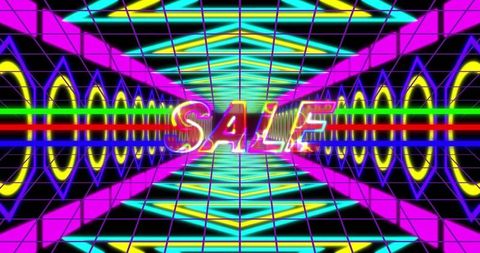 Neon sale sign in futuristic glowing tunnel