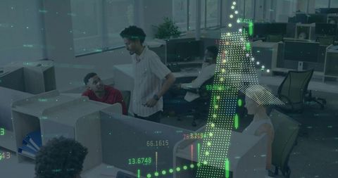 Business team collaborating in office with digital data overlay in modern workspace