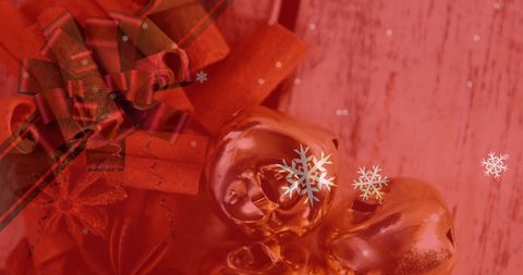 Red and Gold Christmas Holiday Decorations with Falling Snowflakes - Download Free Stock Images Pikwizard.com
