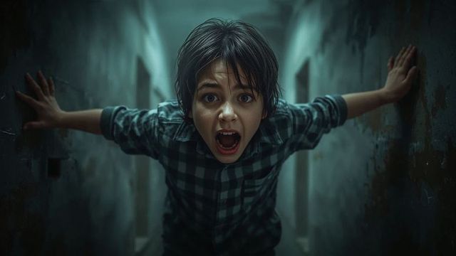Frightened boy screaming in dim narrow corridor