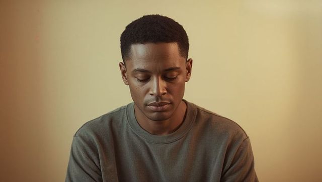 Lowering Gaze Contemplating Man Wearing Crewneck Sweater Warm Beige Minimalist Headshot