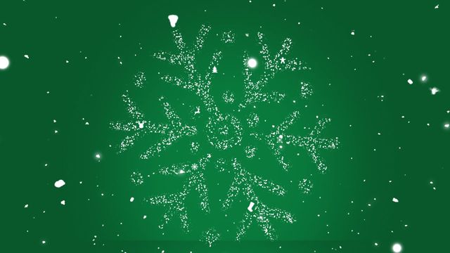 Abstract snowflake animation with falling snow, set against a vibrant green background, ideal for holiday greetings, festive presentations, or decoration for Christmas-related projects.