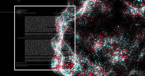 Swirling Digital Particle Cloud with Futuristic UI Overlay, Neon Cyan and Red Data Streams