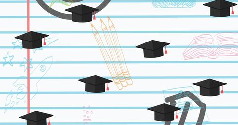 Education and Development Theme with Graduation Caps and School Icons