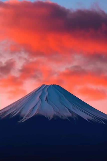 Mount Fuji is silhouetted against a stunning red sky as clouds glow at dusk. Snow caps the majestic peak, creating a serene, almost otherworldly scene. Ideal for travel posters, desktop wallpapers, and nature-inspired designs. Perfect for highlighting the beauty of Japan’s landscapes and promoting travel and tourism.
