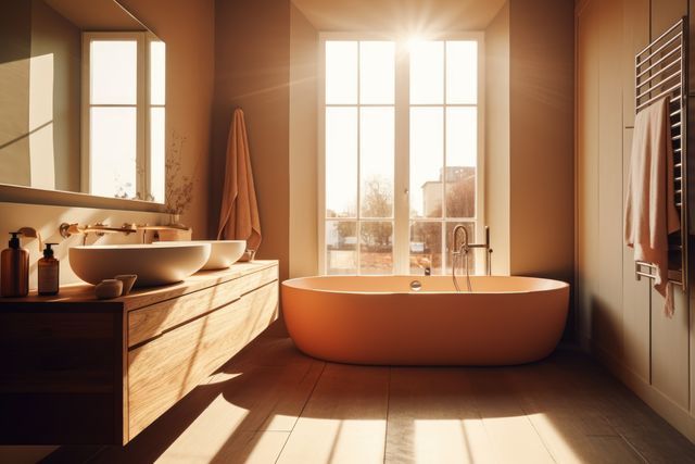 Sunny modern bathroom with french windows and view to street, created using generative ai technology. Contemporary bathroom interior design and natural light concept digitally generated image.
