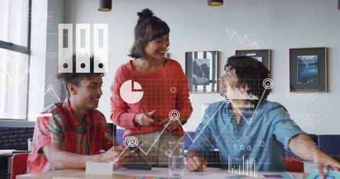 Diverse Professionals Discussing Finances with Digital Data Overlay