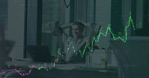 Relaxed Trader Celebrating Market Gain in Modern Office with Rising Stock Charts and Laptop