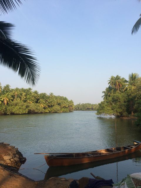 Beautiful tranquil river surrounded by lush tropical palm trees. A single canoe rests on the riverbank, creating a peaceful setting perfect for travel, nature, and relaxation themes. Ideal for use in travel brochures, nature blogs, or advertising serene getaway destinations.