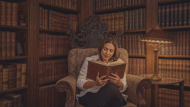 Woman Reading Leather-Bound Book in Cozy Wood-Lined Private Library Armchair