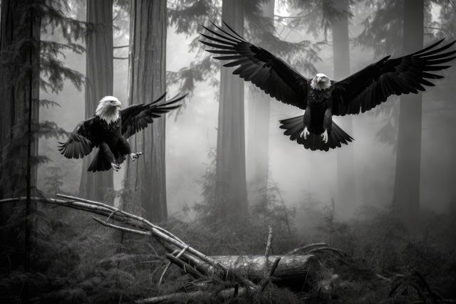 Two bald eagles gliding through a misty forest showcasing the majestic birds of prey against a serene, foggy forest backdrop. Useful for nature and wildlife articles, conservation campaigns, and environmental documentaries.