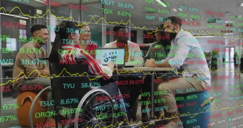 Diverse Team Discussing Financial Strategies Amid Stock Data