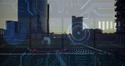 Futuristic AR Interface Over Urban Dusk Skyline Landscape