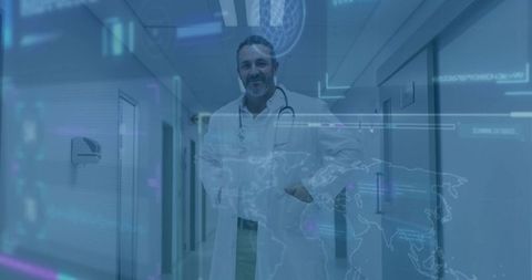 Doctor in Hospital Corridor with Futuristic Digital Overlay Maps