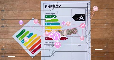 Energy Efficiency Rating A on Wooden Table with Coins and Network Icons for Sustainability