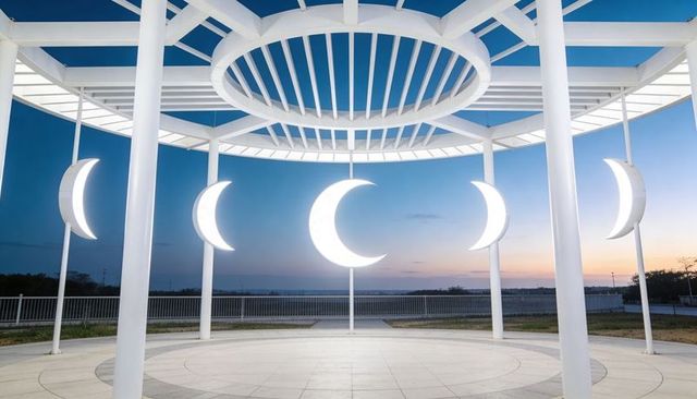Illuminated Crescent Moon Pavilion at Twilight with Symmetrical White Lattice Canopy
