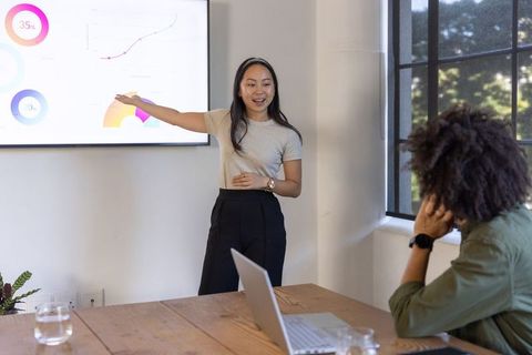 Business professional presenting charts in modern office meeting