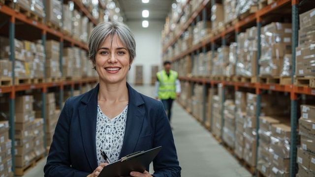 Smiling female supervisor in warehouse environment holding clipboard
