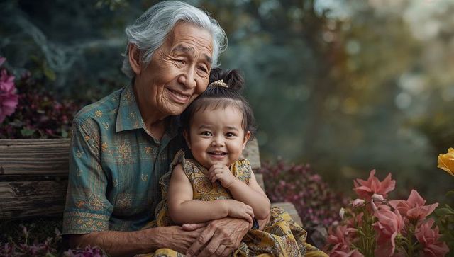 Joyful Grandmother and Child Outdoors Amidst Blossoms