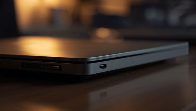 Slim metallic laptop closed on wood desk showing usb-c and side ports in warm low light