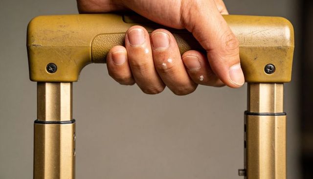 Close-up hand gripping telescoping luggage handle showing paint flecks and travel wear