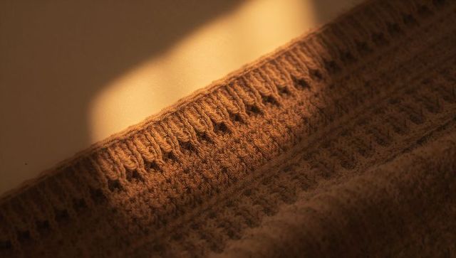 Sunlit brown knitted sweater texture with ribbed edge and wool fibers closeup detail