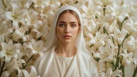 Elegant the virgin mary woman in headscarf surrounded by white lilies