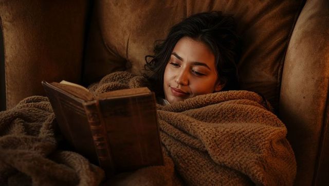 Cozy Evening Reading Woman Wrapped in Brown Fleece Blanket Holding Vintage Hardcover Book