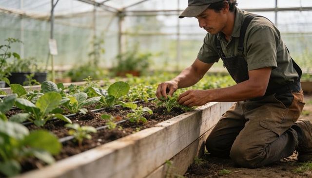 Greenhouse gardener kneeling tending seedlings in raised bed with drip irrigation