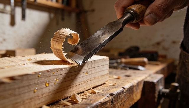 Woodworker pulling saw producing curled shavings from softwood plank on workbench