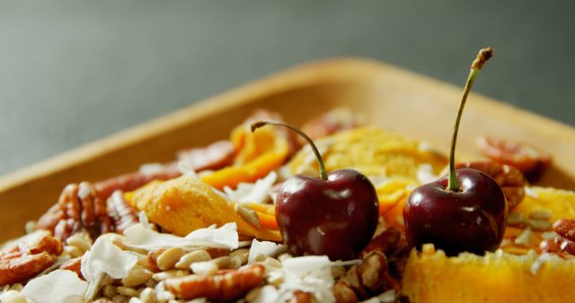 Healthy Assorted Nuts and Fruits Mix With Fresh Cherries on Wooden Platter - Download Free Stock Images Pikwizard.com