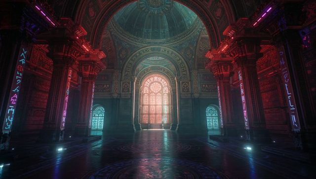 Luxurious historic palace hall with neon and sunlit windows