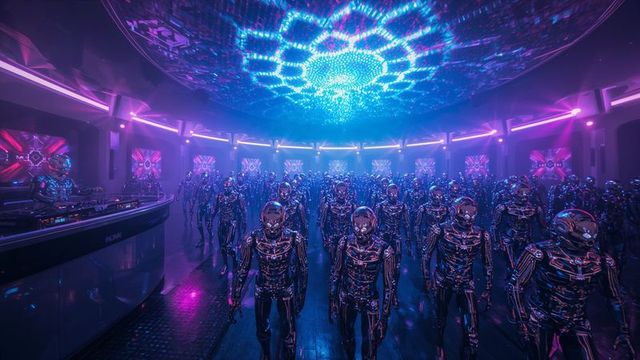 Futuristic Robots Gather in Neon-Lit Cyberpunk Hall