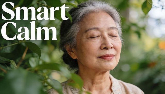 Serene senior asian woman meditating in lush garden embracing calm and mindfulness