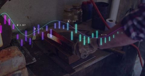 Metalworker Heating Bar in Workshop with Data Overlay Visual