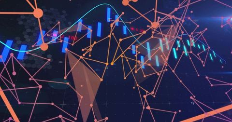 Neon Holographic Data Network Displaying Candlestick and Line Charts with Connected Nodes