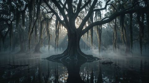 Serene cypress tree with spanish moss in misty swamp at dawn