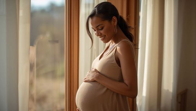 Pregnant woman cradling belly by sunlit window in beige maternity dress