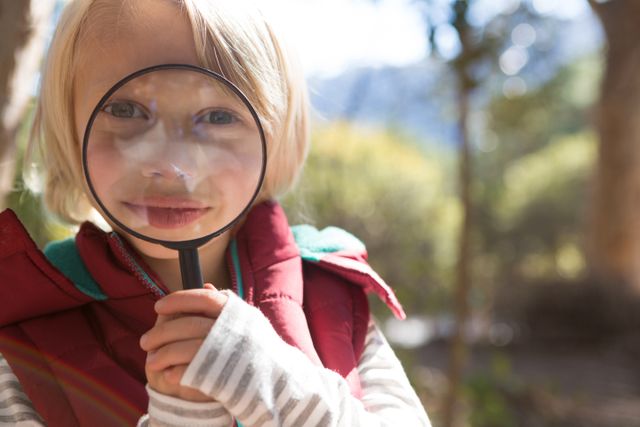 Little girl holding magnifying glass in forest, emphasizing curiosity and exploration. Ideal for educational content, children's activities, nature exploration themes, and promoting outdoor learning experiences.