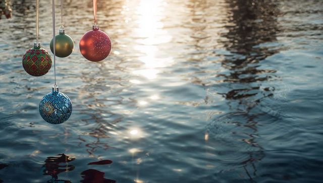 Swaying holiday baubles over sunlit water with filigree ornament reflections