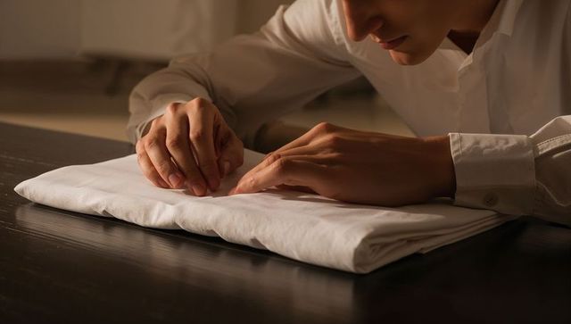 Man in white shirt smoothing folded white fabric on dark wood table, closeup hands studio