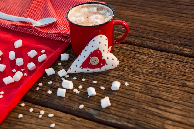 Hot Chocolate with Marshmallows and Heart Ornament on Wooden Table - Download Free Stock Photos Pikwizard.com
